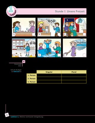 Le ktion
1 Stunde 7. Unsere Freizeit
Lektion 1. Meine vertraute Umgebung
22
A
D 1
B
E
C
F
	4	 Welche Bedeutung hat das Verb «lassen»? Lies die Regeln und finde
passende Beispiele in Übung 3. Merke dir auch die Formen in der
Tabelle.
Verb «lassen» im Präsens
Singular Plural
1. Person ich lasse wir lassen
2. Person du lässt ihr lasst
3. Person er/sie/es lässt sie/Sie lassen
— Das Verb «lassen» kann nicht nur als Hauptverb, sondern auch als
Hilfsverb verwendet werden.
— Als Hauptverb wird «lassen» in der Bedeutung «etwas nicht mehr
tun», «etwas aufhören» gebraucht, z. B.: …
— Als Hilfsverb hat «lassen» verschiedene Bedeutungen:
a) etwas erlauben/nicht erlauben, z. B.: …
b) etwas nicht mitnehmen, z. B.: …
c) etwas nicht selbst machen, z. B.: …
d) etwas ist möglich/nicht möglich zu machen, z. B.: …
— Als Hilfsverb wird «lassen» mit dem Infinitiv des anderen Verbs
gebraucht, der ohne «zu» steht (wie bei den Modalverben), z.  B.:
Ich lasse die Schlüssel auf dem Tisch liegen. (Vergleiche: Ich kann die
Schlüssel auf den Tisch legen.)
Grammatik
üben
Sieh dir die Regel
auf Seite 214 an
 
