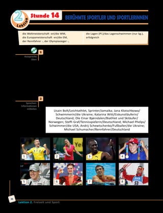 Le ktion
2
Lektion 2. Freizeit und Sport
36
Stunde 14 BERÜHMTE SPORTLER UND SPORTLERINNEN
	1	 Höre zu und sprich nach.
a)	 das Finale, das Turnier, das Grand-Slam-Finale, das Grand-Slam-
Turnier, die Karriere, die Karrierebilanz, der Karrieretitel, die French
Open, die Formel 1, der Formel-1-Pilot
b)	der Sportler — der Profisportler — die Profisportlerin
	 der Fahrer — der Rennfahrer — die Rennfahrerin
	 der Läufer — der Eiskunstläufer — die Eiskunstläuferin
	 der Spieler — der Tennisspieler — die Tennisspielerin
	 der Sieger — der Olympiasieger — die Olympiasiegerin
	 die Meisterschaft — die Weltmeisterschaft, die Europameisterschaft
	2	 а) Wie heißen diese berühmten Sportler? Welchen Sport machen oder
machten sie? Ordne die Namen den Bildern zu und erzähle.
Usain Bolt/Leichtathlet, Sprinter/Jamaika; Jana Klotschkowa/
Schwimmerin/die Ukraine; Katarina Witt/Eiskunstläuferin/
Deutschland; Ole Einar Bjørndalen/Biathlet und Skiläufer/
Norwegen; Steffi Graf/Tennisspielerin/Deutschland; Michael Phelps/
Schwimmer/die USA; Andrij Schewtschenko/Fußballer/die Ukraine;
Michael Schumacher/Rennfahrer/Deutschland
1
5
2
6
3
7
4
8
Nummer 1 ist Andrij Schewtschenko. Er ist ein erfolgreicher ukrainischer
Fußballer. Nummer … ist … . Er/Sie ist/war … .
Aussprache
üben
Sprechen:
Informationen
mitteilen
die Weltmeisterschaft -en/die WM, 	
die Europameisterschaft -en/die EM, 	
der Rennfahrer -, der Olympiasieger -, 	
die Lagen (Pl.)/das Lagenschwimmen (nur Sg.), 	
erfolgreich
 