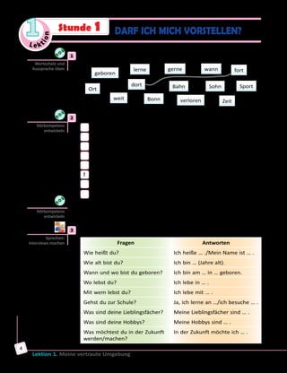 Le ktion
1
Lektion 1. Meine vertraute Umgebung
4
	1	 Finde die Reimwörter und höre die Lösung. Sprich auch nach.
geboren
Ort
weit
lerne
dort
Bonn
gerne
Bahn
verloren
wann
Sohn
Zeit
fort
Sport
	2	 a) Höre die Fragen und nummeriere die passenden Antworten.
	 Am 17. März.
	 Sport und Computer.
	 Ich lerne am Gymnasium.
	 Ich bin 16.
	 Mit meinen Eltern und meiner jüngeren Schwester.
1 	 Markus Schnittke.
	 Programmierer oder Mediendesigner.
	 In Bonn.
	 	 b) Höre die Lösung.
	3	 Wie antwortet ihr auf die Fragen? Spielt zu zweit Interviews.
Fragen Antworten
Wie heißt du? Ich heiße … ./Mein Name ist … .
Wie alt bist du? Ich bin … (Jahre alt).
Wann und wo bist du geboren? Ich bin am … in … geboren.
Wo lebst du? Ich lebe in … .
Mit wem lebst du? Ich lebe mit … .
Gehst du zur Schule? Ja, ich lerne an …/ich besuche … .
Was sind deine Lieblingsfächer? Meine Lieblingsfächer sind … .
Was sind deine Hobbys? Meine Hobbys sind … .
Was möchtest du in der Zukunft
werden/machen?
In der Zukunft möchte ich … .
Wortschatz und
Aussprache üben
Hörkompetenz
entwickeln
Hörkompetenz
entwickeln
Sprechen:
Interviews machen
DARF ICH MICH VORSTELLEN?Stunde 1
 