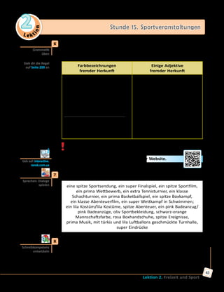 Le ktion
2 Stunde 15. Sportveranstaltungen
Lektion 2. Freizeit und Sport
43
	6	 a) In welcher Form stehen die markierten Adjektive im Dialog? Lies sie
noch einmal und merke dir die Formen in der Tabelle.
Nicht deklinierbare Adjektive
Farbbezeichnungen
fremder Herkunft
Einige Adjektive
fremder Herkunft
beige [be:ʃ], creme [kre:m], lila,
oliv, orange [oˈrã:ʒə], rosa, pink,
türkis, z. B.:
der/ein oliv Sportanzug;
das/ein pink T-Shirt;
die/eine creme Hose;
die/- rosa Sportschuhe.
Alternative Formen mit -farben:
ein olivfarbener Sportanzug; 	
ein pinkfarbenes T-Shirt; 	
eine cremefarbene Hose; 	
rosafarbene Sportschuhe
extra, klasse, prima, spitze, super,
z. B.:
der/ein super Wettkampf;
das/ein spitze Spiel;
die/eine prima Idee;
die/- extra Kosten
!Einige Adjektive werden umgangssprachlich dekliniert: ein beiges
Kostüm, türkise Turnschuhe.
	 	 b) Löse die Aufgabe zur Grammatik auf der Website.
	7	 Spielt Dialoge wie in Übung 5, gebraucht das Wortmaterial im Kasten.
eine spitze Sportsendung, ein super Finalspiel, ein spitze Sportfilm,
ein prima Wettbewerb, ein extra Tennisturnier, ein klasse
Schachturnier, ein prima Basketballspiel, ein spitze Boxkampf, 	
ein klasse Abenteuerfilm, ein super Wettkampf in Schwimmen;
ein lila Kostüm/lila Kostüme, spitze Abenteuer, ein pink Badeanzug/
pink Badeanzüge, oliv Sportbekleidung, schwarz-orange
Mannschaftsfarbe, rosa Boxhandschuhe, spitze Ereignisse, 	
prima Musik, mit türkis und lila Luftballons geschmückte Turnhalle, 	
super Eindrücke
	8	 Schreibe über die letzte Sportveranstaltung, die du besucht hast.
Beschreibe deine Eindrücke.
Vor Kurzem/Vor einigen Tagen/Vorige Woche/Vorigen Monat/… habe
ich eine Sportveranstaltung besucht. Das war ein/eine super/spitze/
prima … . …
Grammatik
üben
Sieh dir die Regel
auf Seite 209 an
Geh auf: interactive.
ranok.com.ua
Sprechen: Dialoge
spielen
Schreibkompetenz
entwickeln
 