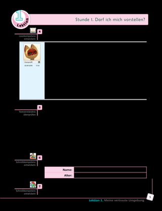 Le ktion
1 Stunde 1. Darf ich mich vorstellen?
Lektion 1. Meine vertraute Umgebung
5
	4	 Lies den Beitrag im Internet-Forum und bilde dann 5 Fragen dazu. Lass
deine Mitschüler/innen sie beantworten.
Userprofil
03.09 2018  17.10
Hallo,
mein Name ist Elisa Baumann. Ich bin 15 und besuche die Friedrich-
Staedtler-Mittelschule. Am liebsten habe ich Geschichte und
Fremdsprachen, weil mir diese Fächer am leichtesten fallen.
Ich lebe mit meinen Eltern und meinen zwei Geschwistern in
Nürnberg. Das ist aber nicht mein Geburtsort. Ich bin in Alfeld
geboren. Nach Nürnberg sind wir vor einigen Jahren umgesiedelt.
Natürlich habe ich mich eine Zeit lang nach meinen alten Freunden
gesehnt, die in Alfeld geblieben sind. Mit der Zeit habe ich aber viele
neue Freunde hier gefunden. Nürnberg ist eine schöne Stadt. Wir —
meine Freunde und ich — haben viele Lieblingsorte in der Stadt, wo
wir uns treffen und gerne unsere Freizeit verbringen.
Meine Hobbys sind Musik und Reisen. In den Ferien mache ich gern
Ausflüge und Wanderungen und erkunde die Gegend per Rad. Die
letzten Ferien verbrachte ich mit meiner Familie in Italien. Das war toll!
	5	 Was ist hier falsch? Korrigiere und erzähle.
	1)	 Elisa ist 16 Jahre alt und sie lernt am Friedrich-Staedtler-
Gymnasium. → Elisa ist 15 Jahre alt und…
	2)	 Elisas Lieblingsfächer sind Erdkunde und Physik.
	3)	 Elisa ist in Nürnberg geboren, wo sie zusammen mit ihrer Familie seit
ihrer Kindheit lebt.
	4)	 Elisa hat keine Freunde in Nürnberg gefunden.
	5)	 Elisa und ihre Freunde haben die beliebtesten Treffpunkte in
Nürnberg, wo sie gern Sport treiben.
	6)	 Elisas Hobbys sind Malen und Musik.
	7)	 In den Ferien besucht Elisa einen Fremdsprachenkurs.
	8)	 Die letzten Ferien verbrachte Elisa mit ihren Freunden in Irland.
	6	 Erstellt in Gruppen einen Steckbrief für Elisa und ergänzt die Tabelle im
Arbeitsbuch. Findet passende Infos im Text.
Name: Elisa Baumann
Alter: ...
	7	 Schreibe einen Beitrag über dich für das Internet-Forum.
Lesekompetenz
entwickeln
Textverständnis
überprüfen
Schreibkompetenz
entwickeln
Schreibkompetenz
entwickeln
 