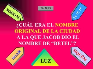 ¿CUÁL ERA EL  NOMBRE ORIGINAL DE LA CIUDAD  A LA QUE JACOB DIO EL NOMBRE DE “BETEL”? SODOMA L U Z SOAR SIQUÉM LUZ Gn 28,19 