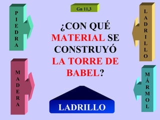 ¿CON QUÉ   MATERIAL  SE CONSTRUYÓ  LA TORRE DE BABEL ? P I E D R A L A D R I L L O M A D E R A M Á R M O L LADRILLO Gn 11,3 