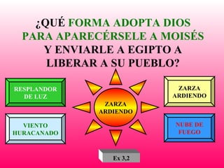 ¿QUÉ  FORMA ADOPTA DIOS PARA APARECÉRSELE A MOISÉS  Y ENVIARLE A EGIPTO A LIBERAR A SU PUEBLO? RESPLANDOR DE LUZ VIENTO HURACANADO ZARZA ARDIENDO NUBE DE FUEGO ZARZA ARDIENDO Ex 3,2 