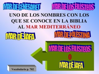 UNO DE LOS NOMBRES CON LOS QUE SE CONOCE EN LA BIBLIA AL  MAR MEDITERRÁNEO MAR DE GENESARET MAR DE LOS FILISTEOS MAR DE JAFA MAR DE PALESTINA MAR DE LOS FILISTEOS MAR DE JAFA O Vocabulario p. 702 