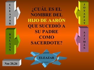¿CUÁL ES EL NOMBRE DEL  HIJO DE AARÓN  QUE SUCEDIÓ A SU PADRE COMO SACERDOTE? E L E A Z A R B A L A Á N J O S A F A T A J I M Á N ELEAZAR Nm 20,26 