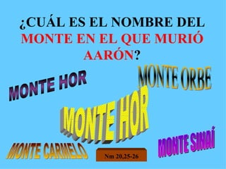 ¿CUÁL ES EL NOMBRE DEL  MONTE EN EL QUE MURIÓ AARÓN ? MONTE HOR MONTE ORBE MONTE CARMELO MONTE SINAÍ MONTE HOR Nm 20,25-26 