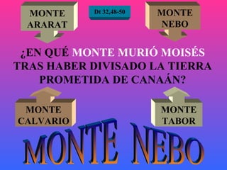 ¿EN QUÉ  MONTE MURIÓ MOISÉS  TRAS HABER DIVISADO LA TIERRA PROMETIDA DE CANAÁN? MONTE ARARAT MONTE NEBO MONTE CALVARIO MONTE TABOR MONTE  NEBO Dt 32,48-50 