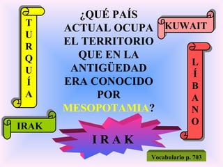 ¿QUÉ PAÍS ACTUAL OCUPA EL TERRITORIO QUE EN LA ANTIGÜEDAD ERA CONOCIDO POR  MESOPOTAMIA ? IRAK KUWAIT T U R Q U Í A L Í B A N O I R A K Vocabulario p. 703 