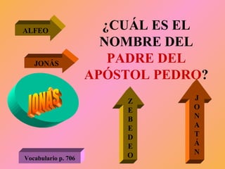 ¿CUÁL ES EL NOMBRE DEL  PADRE DEL APÓSTOL PEDRO ? ALFEO JONÁS Z E B E D E O J O N A T Á N JONÁS Vocabulario p. 706 