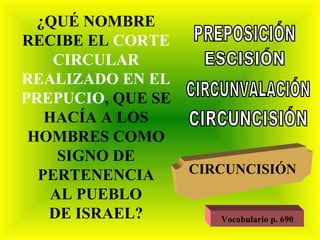 ¿QUÉ NOMBRE RECIBE EL  CORTE CIRCULAR REALIZADO EN EL PREPUCIO , QUE SE HACÍA A LOS HOMBRES COMO SIGNO DE PERTENENCIA AL PUEBLO DE ISRAEL? PREPOSICIÓN ESCISIÓN CIRCUNVALACIÓN CIRCUNCISIÓN CIRCUNCISIÓN  Vocabulario p. 690 