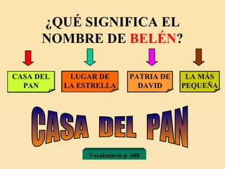 ¿QUÉ SIGNIFICA EL NOMBRE DE  BELÉN ? CASA DEL PAN LUGAR DE LA ESTRELLA PATRIA DE DAVID LA MÁS PEQUEÑA CASA  DEL  PAN Vocabulario p. 688 
