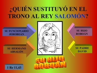 ¿QUIÉN SUSTITUYÓ EN EL TRONO AL REY  SALOMÓN ? SU FUNCIONARIO JEROBOÁN SU HIJO ROBOÁN SU HERMANO ABSALÓN SU PADRE DAVID 1 Re 11,43 SU HIJO ROBOÁN 
