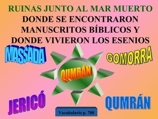 RUINAS JUNTO AL MAR MUERTO  DONDE SE ENCONTRARON MANUSCRITOS BÍBLICOS Y DONDE VIVIERON LOS ESENIOS MASSADA JERICÓ GOMORRA QUMRÁN QUMRÁN Vocabulario p. 708 