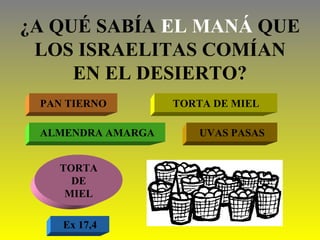 ¿A QUÉ SABÍA  EL MANÁ  QUE LOS ISRAELITAS COMÍAN EN EL DESIERTO? PAN TIERNO TORTA DE MIEL ALMENDRA AMARGA UVAS PASAS TORTA DE MIEL Ex 17,4 
