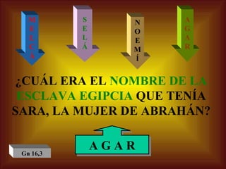 ¿CUÁL ERA EL  NOMBRE DE LA ESCLAVA EGIPCIA  QUE TENÍA SARA, LA MUJER DE ABRAHÁN? M E L C Á S E L Á N O E M Í A G A R A G A R Gn 16,3 
