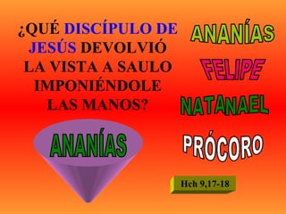 ¿QUÉ  DISCÍPULO DE JESÚS  DEVOLVIÓ LA VISTA A SAULO IMPONIÉNDOLE LAS MANOS? ANANÍAS FELIPE NATANAEL PRÓCORO ANANÍAS Hch 9,17-18 