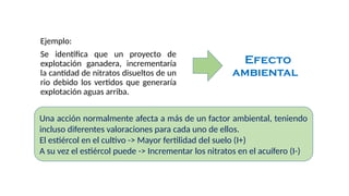 Ejemplo:
Se identifica que un proyecto de
explotación ganadera, incrementaría
la cantidad de nitratos disueltos de un
rio debido los vertidos que generaría
explotación aguas arriba.
Efecto
ambiental
Una acción normalmente afecta a más de un factor ambiental, teniendo
incluso diferentes valoraciones para cada uno de ellos.
El estiércol en el cultivo -> Mayor fertilidad del suelo (I+)
A su vez el estiércol puede -> Incrementar los nitratos en el acuífero (I-)
 