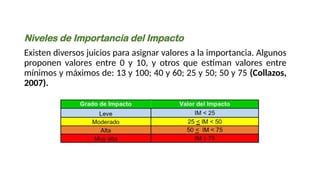 Niveles de Importancia del Impacto
Existen diversos juicios para asignar valores a la importancia. Algunos
proponen valores entre 0 y 10, y otros que estiman valores entre
mínimos y máximos de: 13 y 100; 40 y 60; 25 y 50; 50 y 75 (Collazos,
2007).
 
