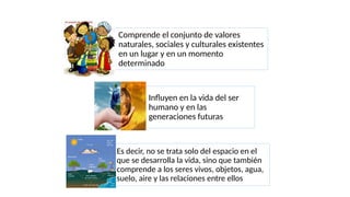 Comprende el conjunto de valores
naturales, sociales y culturales existentes
en un lugar y en un momento
determinado
Influyen en la vida del ser
humano y en las
generaciones futuras
Es decir, no se trata solo del espacio en el
que se desarrolla la vida, sino que también
comprende a los seres vivos, objetos, agua,
suelo, aire y las relaciones entre ellos
 