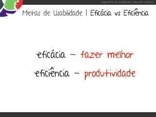 Engenharia de Usabilidade / Marcello Cardoso



Metas de Usabilidade | Eficácia vs Eficiência




     eficácia - fazer melhor
    eficiência - produtividade
 