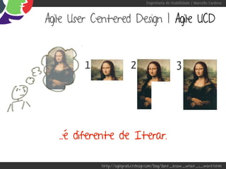 Engenharia de Usabilidade / Marcello Cardoso



Agile User Centered Design | Agile UCD



         1                 2                        3




   ...é diferente de Iterar.

             http://agileproductdesign.com/blog/dont_know_what_i_want.html
 