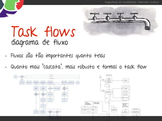 Engenharia de Usabilidade / Marcello Cardoso




  Task flows
  diagrama de fluxo
• Fluxos são tão importantes quanto telas
• Quanto mais “cascata”, mais robusto e formal o task flow
 