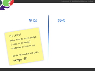 Engenharia de Usabilidade / Marcello Cardoso




                         TO DO         DONE



      PO !
EM GRU                     principal
                   tarefa
         luxo da
definir f
                     empo)
           s e der t
 (e mais,                     uso.
           ndo os   casos de
  considera
                                 L.
                          R EMAI
                AN DAR PO
          PARA M
   ANOTAR
              ’
    t empo: 15
 