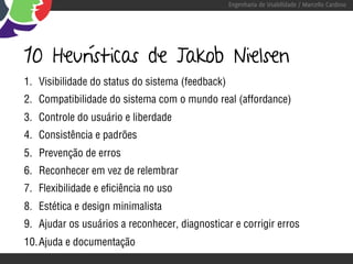 Engenharia de Usabilidade / Marcello Cardoso




10 Heurísticas de Jakob Nielsen
1. Visibilidade do status do sistema (feedback)
2. Compatibilidade do sistema com o mundo real (affordance)
3. Controle do usuário e liberdade
4. Consistência e padrões
5. Prevenção de erros
6. Reconhecer em vez de relembrar
7. Flexibilidade e eficiência no uso
8. Estética e design minimalista
9. Ajudar os usuários a reconhecer, diagnosticar e corrigir erros
10. Ajuda e documentação
 