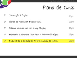 Engenharia de Usabilidade / Marcello Cardoso




                                            Plano de curso
1ª   Introdução à EngUsa                                                            10pts

2ª   Técnica de Modelagem: Personas ágeis                                           20pts


3ª   Fatiando releases com User Story Mapping                                       20pts


4ª   Projetando a interface: Task Flow + Prototipação rápida                        25pts


5ª   Perguntando a especialistas: As 10 heurísticas de Nielsen                      25pts
 