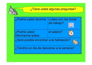 ¿Tiene usted algunas preguntas?


¿Podría usted decirme cuáles son las horas
                      de trabajo?

¿Podría usted           el salario?
informarme sobre
¿Será posible encontrar una habitación?

¿Tendría un día de descanso a la semana?
 