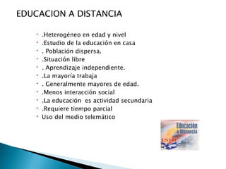 EDUCACION A DISTANCIA .Heterogéneo en edad y nivel .Estudio de la educación en casa . Población dispersa. .Situación libre . Aprendizaje independiente. .La mayoría trabaja . Generalmente mayores de edad. .Menos interacción social .La educación  es actividad secundaria .Requiere tiempo parcial Uso del medio telemático 