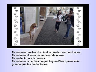 Fe es creer que los obstáculos pueden ser derribados. Fe es tener el valor de empezar de nuevo. Fe es decir no a la derrota. Fe es tener la certeza de que hay un Dios que es más  grande que tus limitaciones. 
