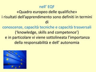nell’ EQF
«Quadro europeo delle qualifiche»
i risultati dell’apprendimento sono definiti in termini
di
conoscenze, capacità tecniche e capacità trasversali
(‘knowledge, skills and competence’)
e in particolare vi viene sottolineata l’importanza
della responsabilità e dell’ autonomia
 