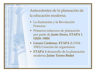 Antecedentes de la planeación de la educación moderna. La ilustración y la Revolución Francesa Primeros esfuerzos de planeación por parte de  Justo Sierra. ETAPA 1 (1824- 1905) Lázaro Cárdenas. ETAPA 2  (1934- 1943) Creación de organismos  ETAPA 3  desarrollo de la planeación moderna  Jaime Torres Bodet 