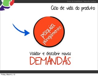 Testes de Usabilidade / Marcello Cardoso



                                    Ciclo de vida do produto



                                    isa nto
                                qu me
                               s a
                             pe nej
                              pla

                      Validar e descobrir novas

                      DEMANDAS
Friday, March 2, 12
 
