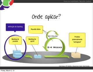 Testes de Usabilidade / Marcello Cardoso




                                    Onde aplicar?
          deﬁnição do backlog
                                   Reunião diária



                                                                   Produto
               Backlog do       Backlog do                      potencialmente
                produto           sprint                         “entregável”




Friday, March 2, 12
 