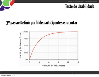 Testes de Usabilidade / Marcello Cardoso


                                                  Teste de Usabilidade


      3º passo: Definir perfil de participantes e recrutar




Friday, March 2, 12            sequência de uso
 