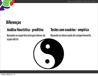 Testes de Usabilidade / Marcello Cardoso




      Diferenças
        Análise Heurística - preditiva           Testes com usuários - empírica
        Baseada na experiência/expectativas do   Baseada na observação do comportamento
        especialista




Friday, March 2, 12
 