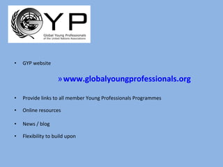 GYP website www.globalyoungprofessionals.org Provide links to all member Young Professionals Programmes Online resources News / blog Flexibility to build upon  