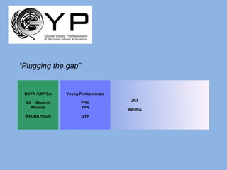 UNYA / UNYSA SA – Student Alliance WFUNA Youth UNA WFUNA Young Professionals YPIC YPN GYP “ Plugging the gap” 