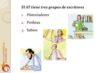 El AT tiene tres grupos de escritores
1. Historiadores
2. Profetas
3. Sabios
 