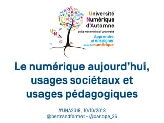 Le numérique aujourd’hui,
usages sociétaux et
usages pédagogiques
#UNA2018, 10/10/2018
@bertrandformet - @canope_25
 