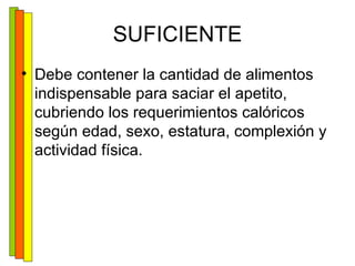 SUFICIENTE Debe contener la cantidad de alimentos indispensable para saciar el apetito, cubriendo los requerimientos calóricos según edad, sexo, estatura, complexión y actividad física. 