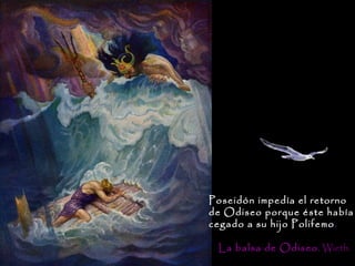 Poseidón impedía el retorno
de Odiseo porque éste había
cegado a su hijo Polifemo .

 La balsa de Odiseo . Wieth.
 