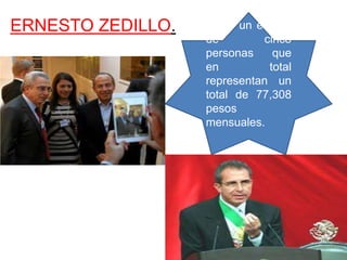 ERNESTO ZEDILLO. Tiene un equipo
de cinco
personas que
en total
representan un
total de 77,308
pesos
mensuales.
 