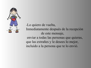 -Lo quiero de vuelta,
Inmediatamente después de la recepción
de este mensaje,
enviar a todas las personas que quieras,
que las extrañes y le desees lo mejor,
incluido a la persona que te lo envió.