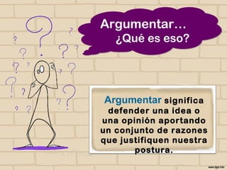 Argumentar significa
defender una idea o una
opinión aportando un
conjunto de razones que
justifiquen nuestra postura.
Argumentar…
¿Qué es eso?
 