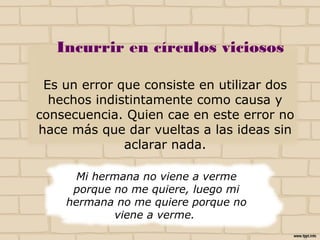 Incurrir en círculos viciosos
Es un error que consiste en utilizar dos hechos
indistintamente como causa y consecuencia.
Quien cae en este error no hace más que dar
vueltas a las ideas sin aclarar nada.
Mi hermana no viene a verme
porque no me quiere, luego mi
hermana no me quiere porque no
viene a verme.
NO
 