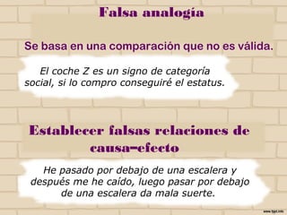 Falsa analogía
Se basa en una comparación que no es válida.
El coche Z es un signo de categoría
social, si lo compro conseguiré el
estatus.
Establecer falsas relaciones
de causa–efecto
He pasado por debajo de una escalera y
después me he caído, luego pasar por debajo
de una escalera da mala suerte.
NO
 